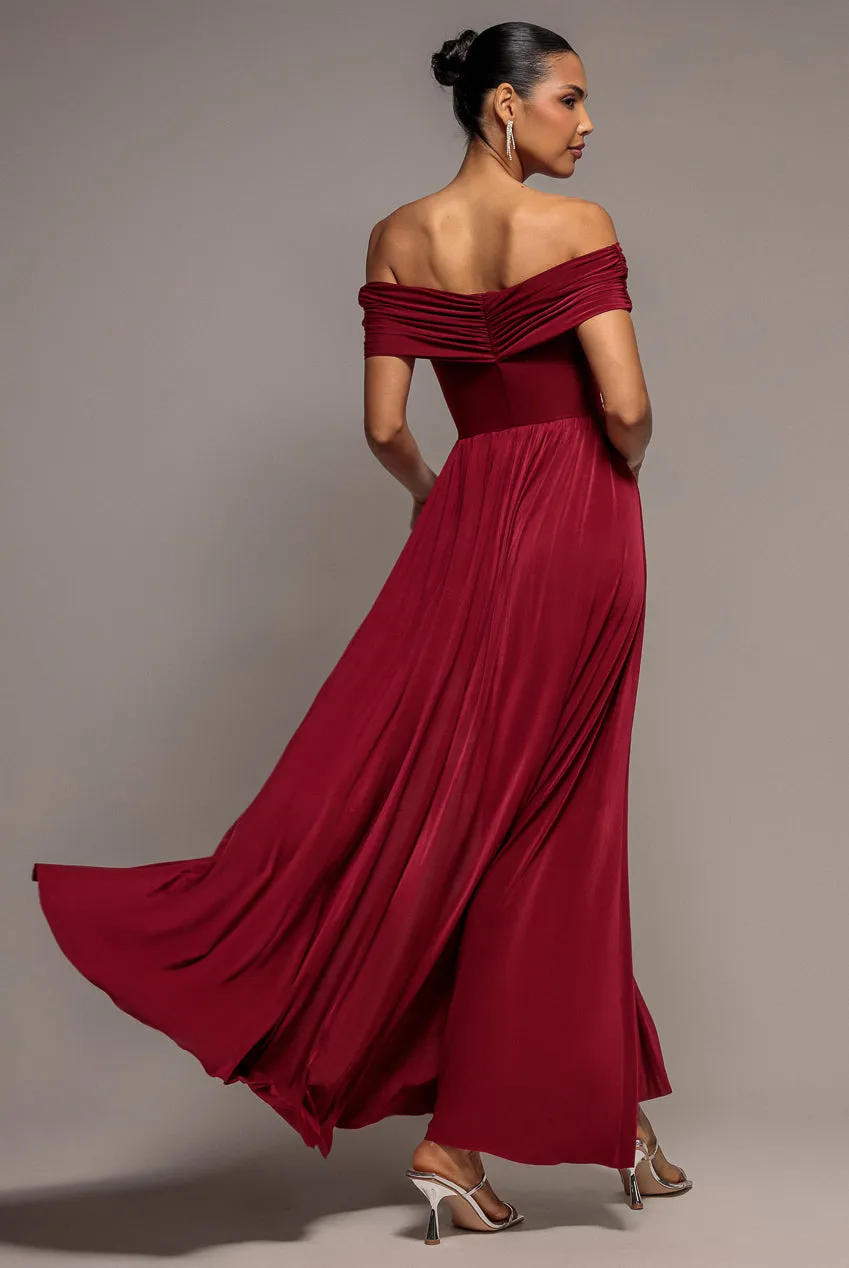 Goddiva Gathered Bardot abito maxi berry spacco