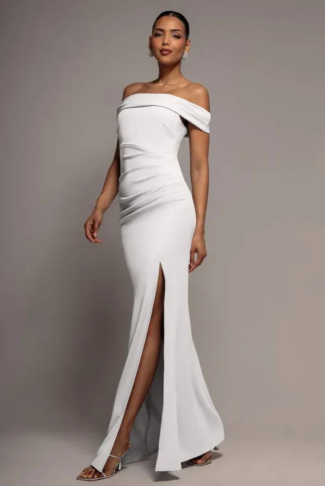 Goddiva Off Shoulder abito maxi bianco spacco scuba