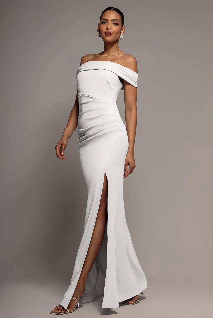 Goddiva Off Shoulder abito maxi bianco spacco scuba