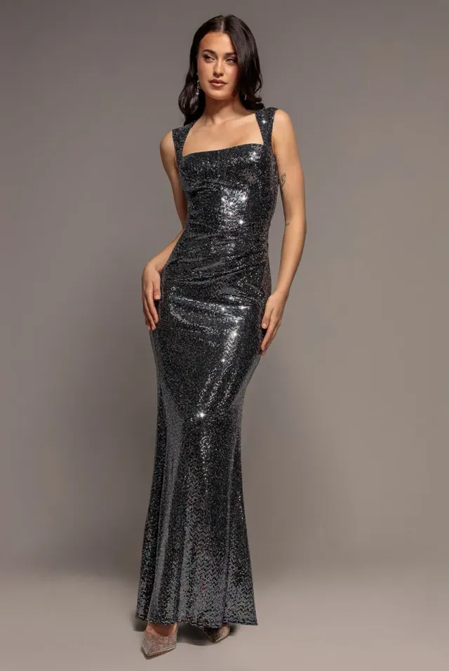Goddiva Princess Seam Sequin Mermaid Maxi abito nero multi paillettes