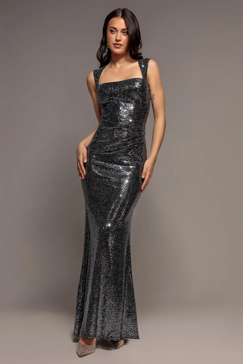 Goddiva Princess Seam Sequin Mermaid Maxi abito nero multi paillettes