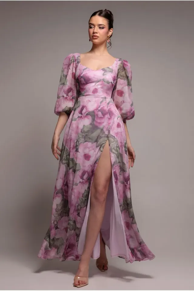 Goddiva abito chiffon rosa cipria floreale spacco