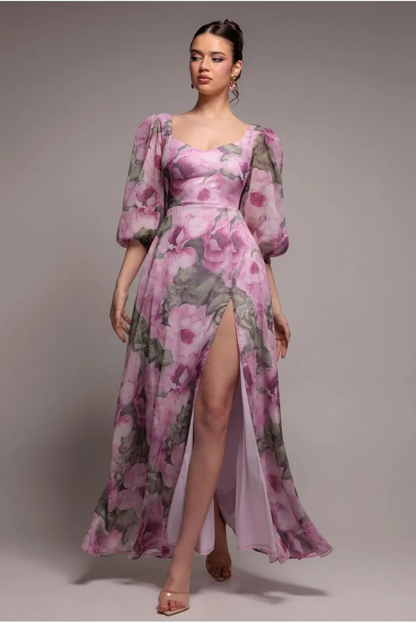 Goddiva abito chiffon rosa cipria floreale spacco