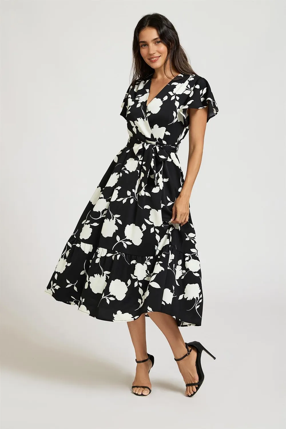 FS Collection Wrap abito midi nero floreale manica corta