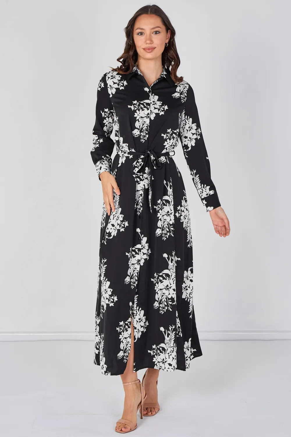 Love Sunshine abito camicia maxi floreale nero bianco L