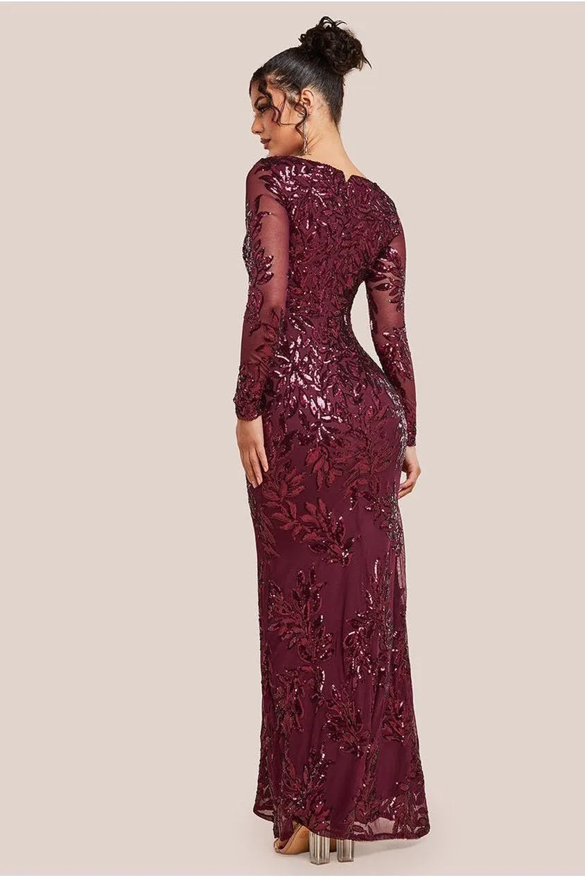 Goddiva Sequin Leaf abito maxi bordeaux maniche lunghe elegante