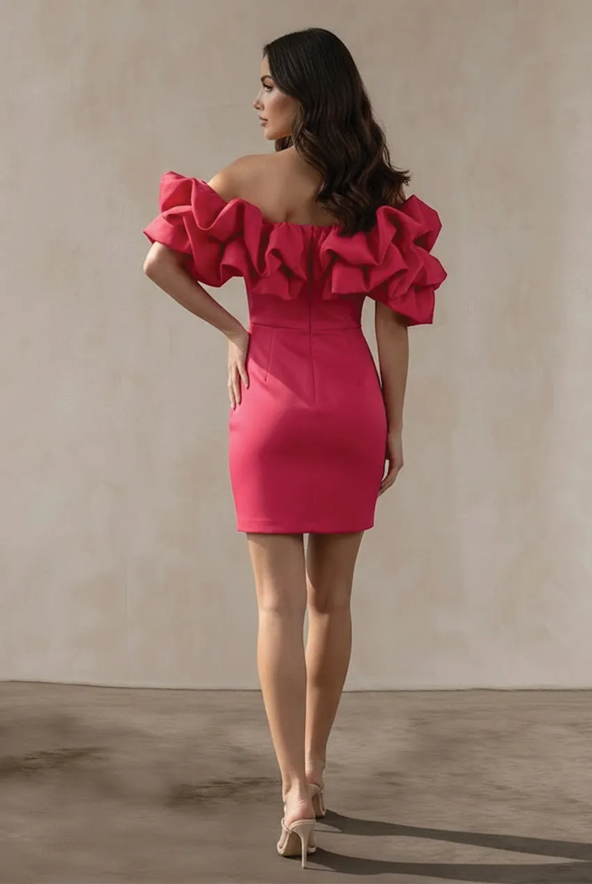 Chi Chi London Ruffle Bardot abito mini rosa raso