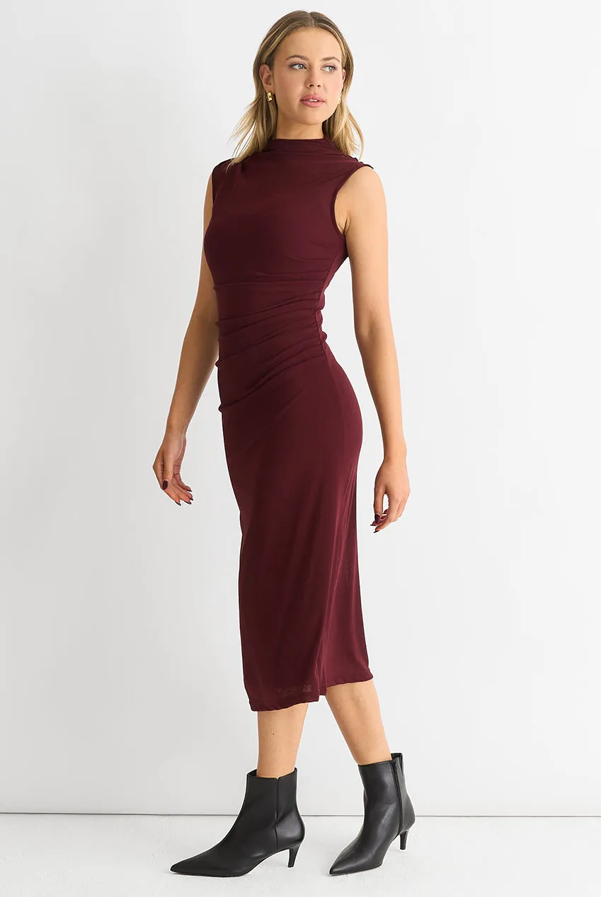 Gini London Ruched Jersey abito midi bordeaux drappeggiato