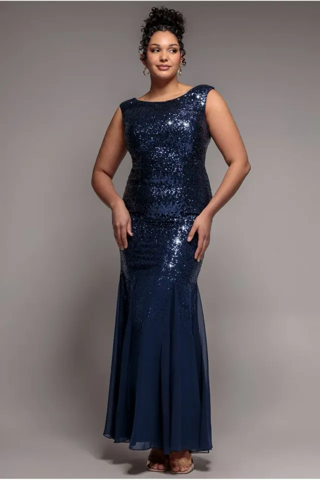 Goddiva Plus Bardot vestito lungo navy paillettes chiffon