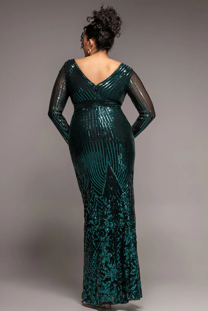 Goddiva Plus DR3485 abito maxi paillettes verde smeraldo