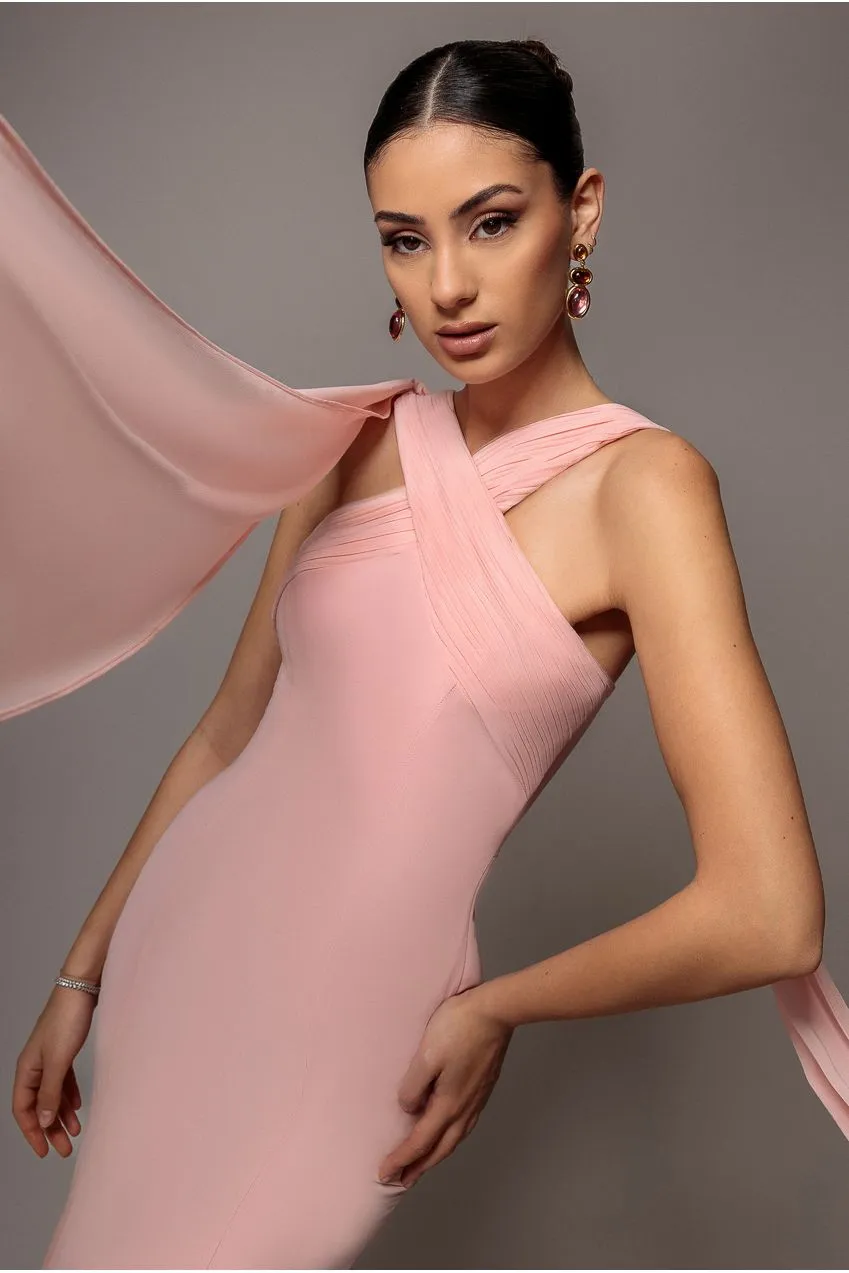 Goddiva Cross Front Scarf Back abito sirena chiffon blush
