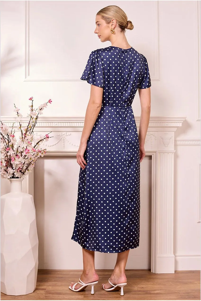 Angeleye abito midi satin blu pois scollatura elegante