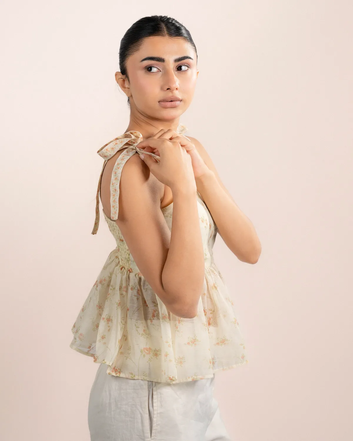 Our Dve Daisy Top top organza arancio stampa rose