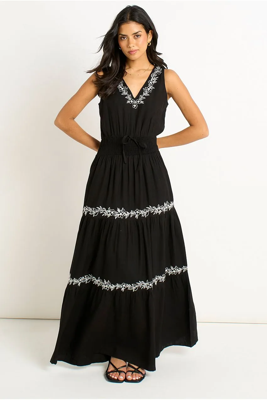 Gini London Black Floral Embroidery abito maxi nero ricamato