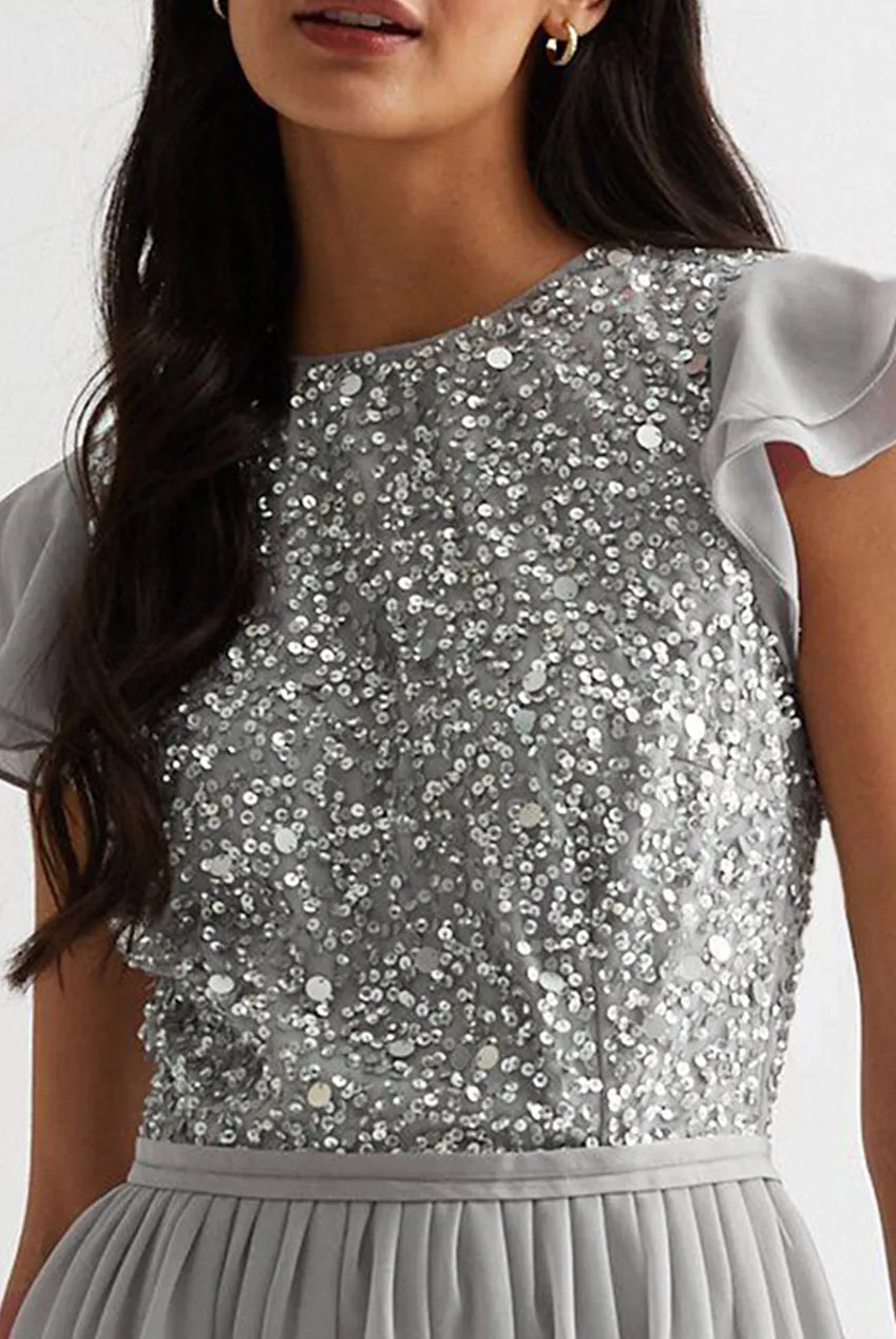 Gini London Embellished maxi abito argento ricamato