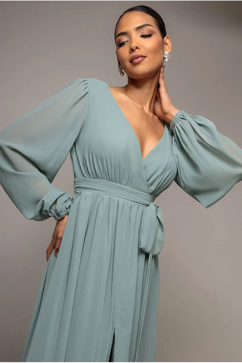 Goddiva Abito Maxi Verde Salvia Chiffon Spacco Manica Lanterna
