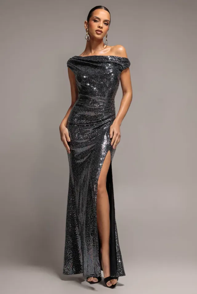 Goddiva One Shoulder abito lungo nero paillettes spacco
