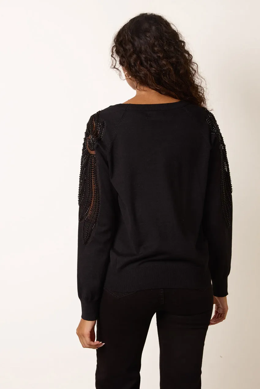Blue Vanilla Embellished Sleeve maglione nero paillettes S