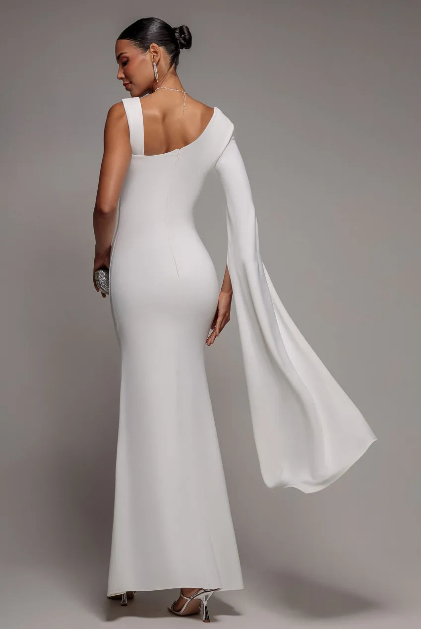 Goddiva One Shoulder Cape abito maxi bianco scuba cerimonia