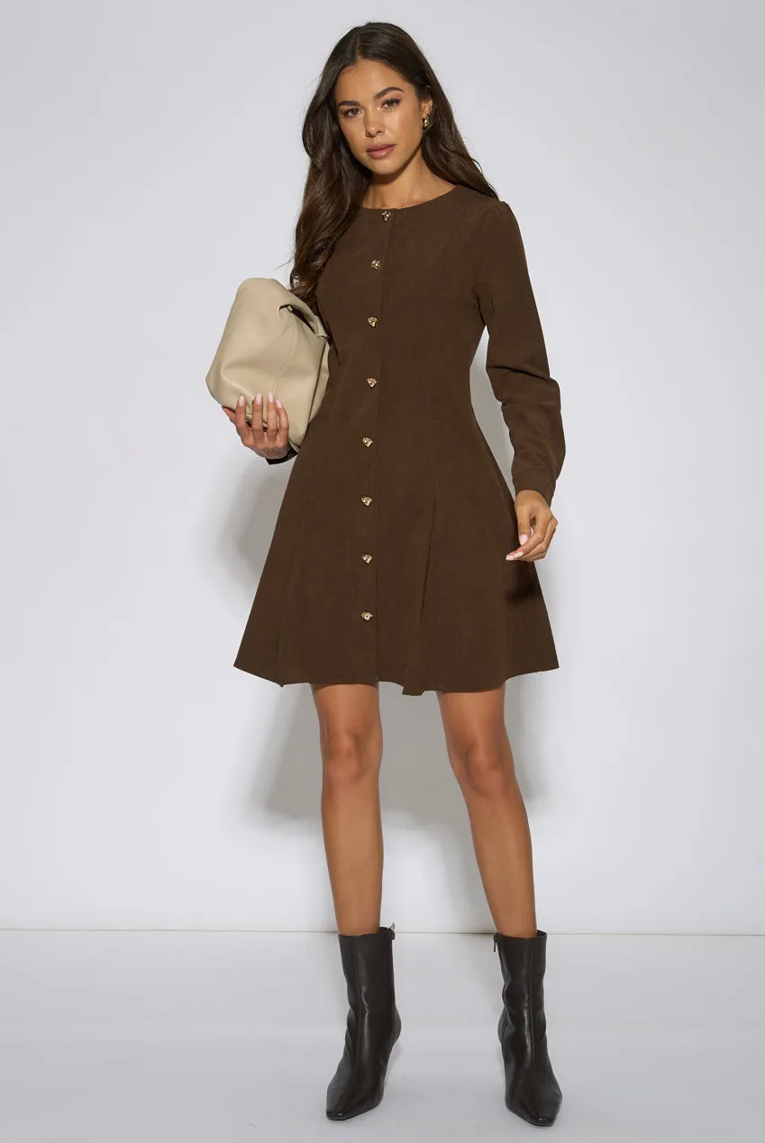 Gini London Cord Mini abito marrone bottoni oro