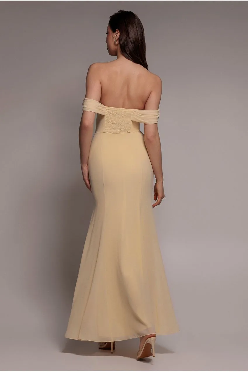 Goddiva Chiffon Bardot Cowl abito maxi giallo burro scollo bardot