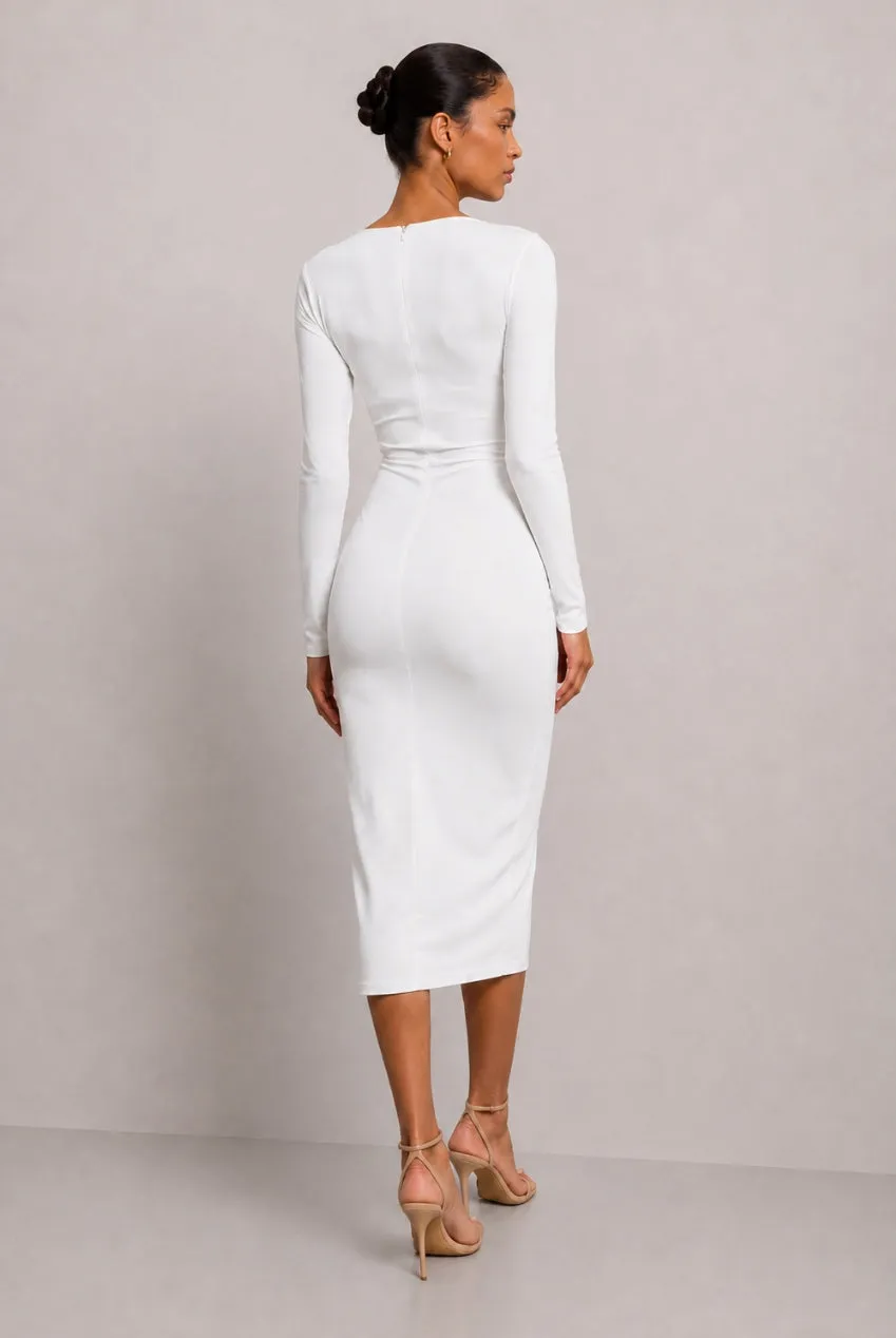 Honor Gold Jessica abito midi bianco maniche lunghe spacco arricciato