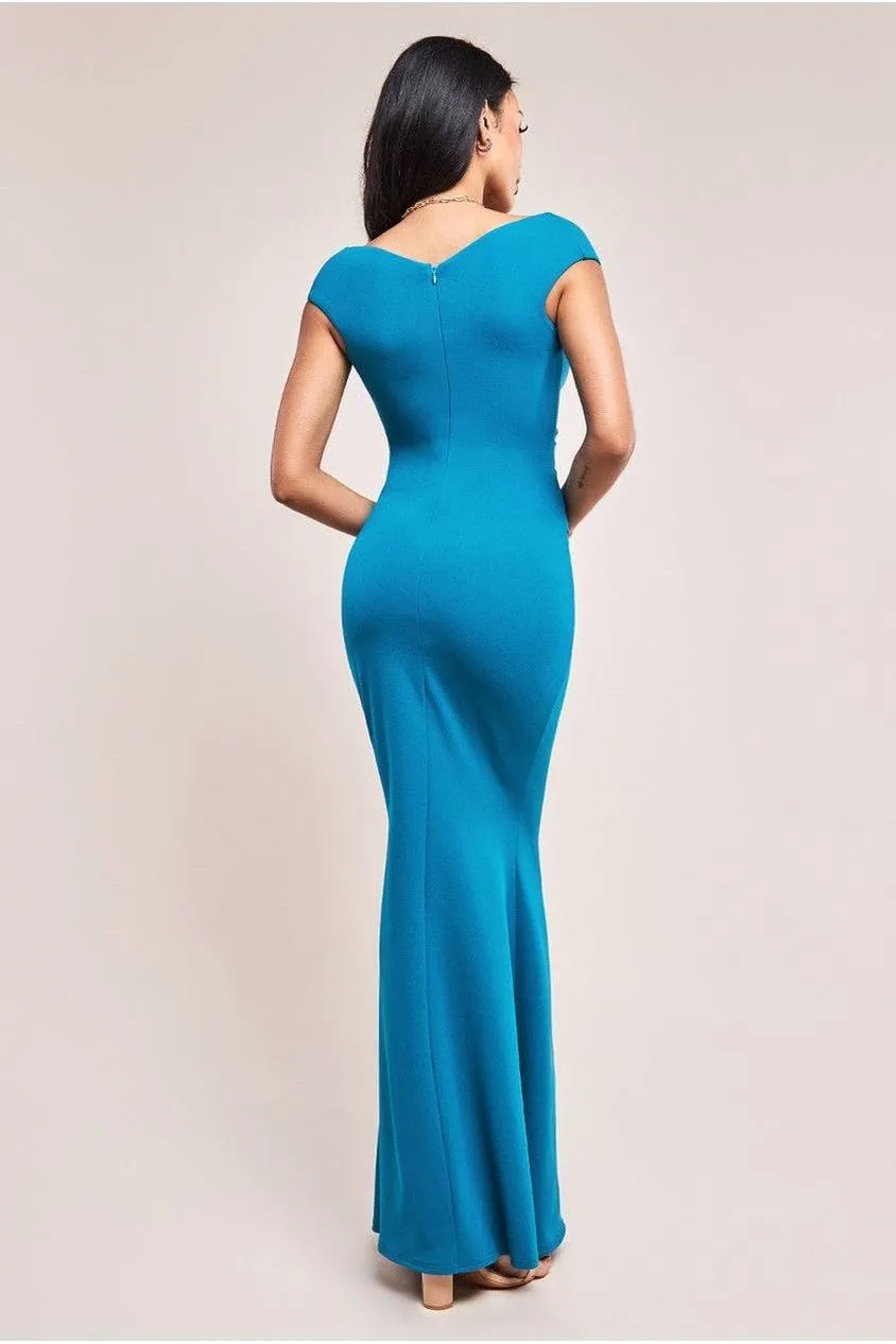 Goddiva Bardot Pleated Maxi abito ottanio pieghe