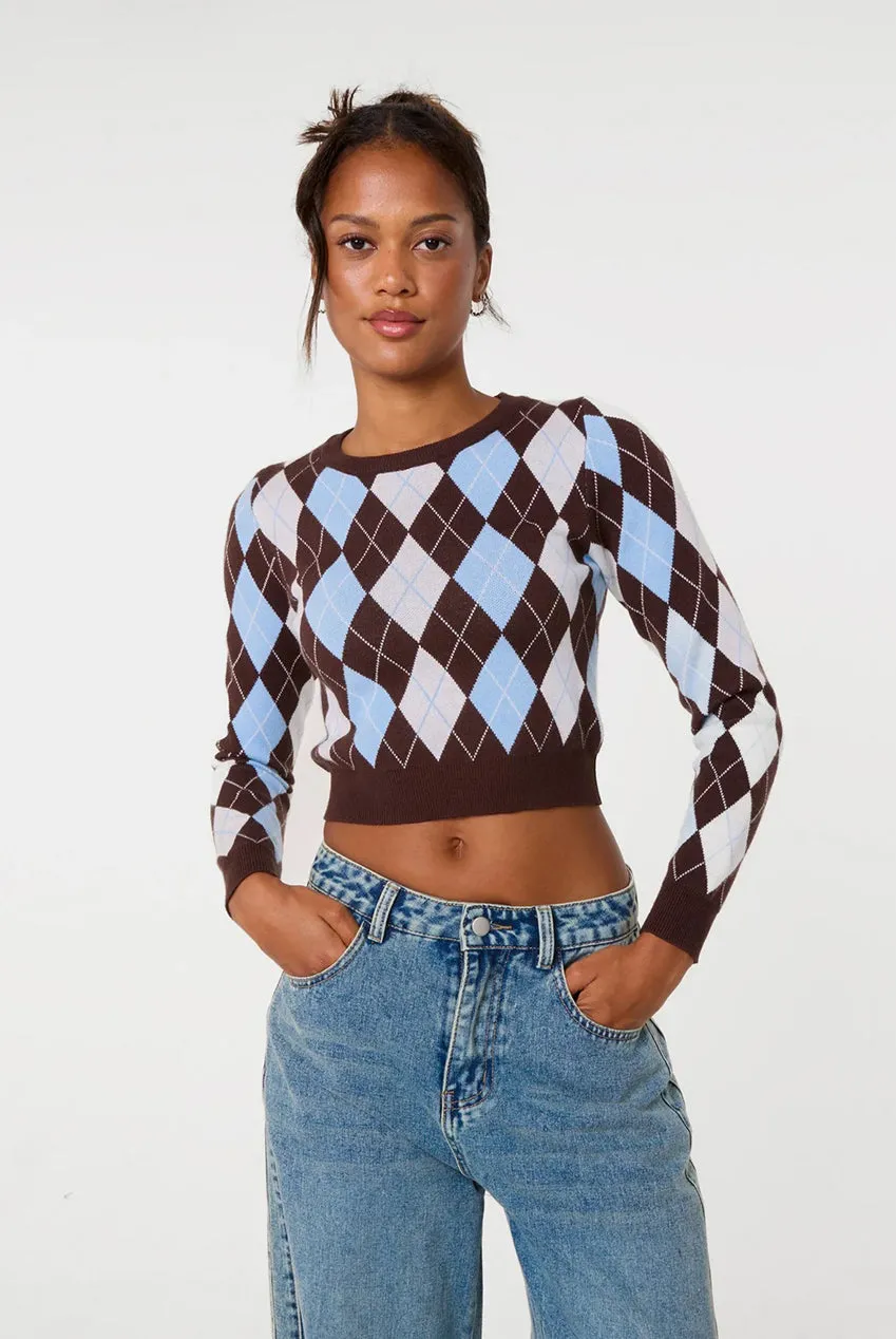 Pink Vanilla Argyle Maglione Cioccolato Rombi Crop