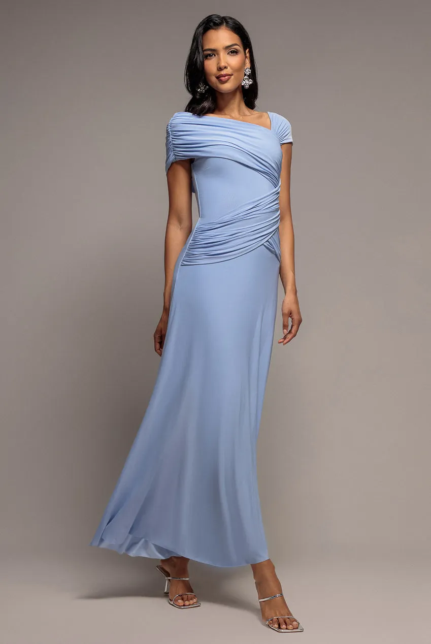 Goddiva abito lungo blu scollo asimmetrico vita arricciata