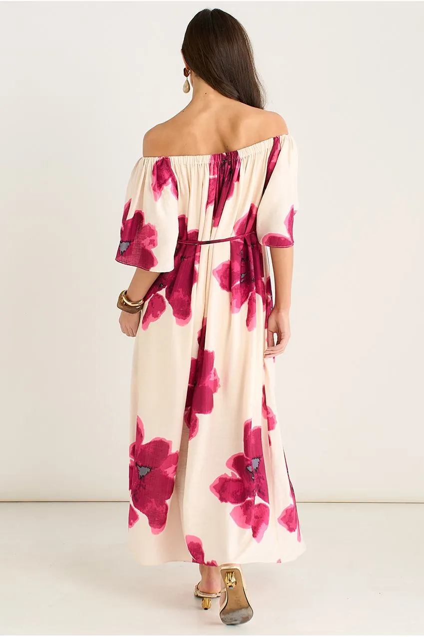 Goddiva Gini London abito maxi rosa bardot spalle scoperte