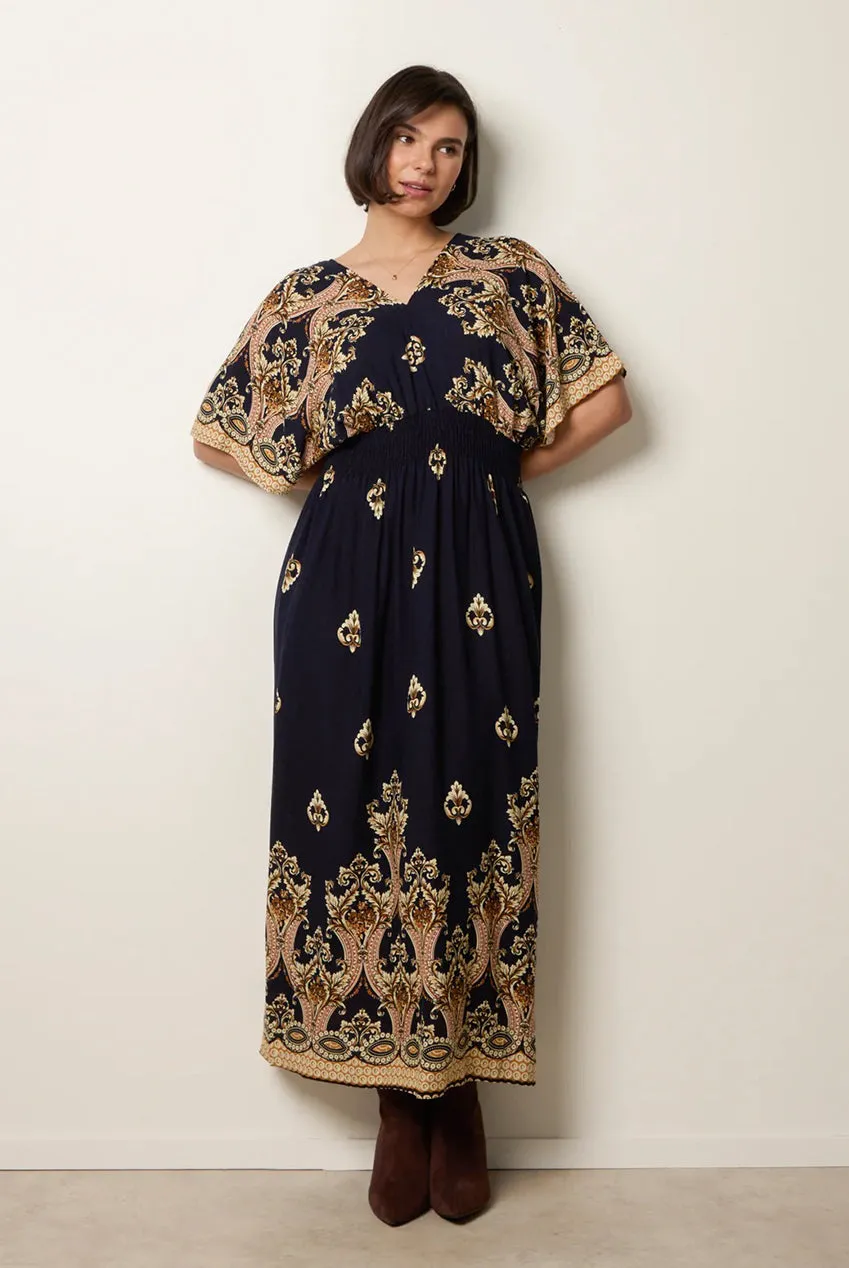 Blue Vanilla Border Print Kimono abito maxi navy viscosa