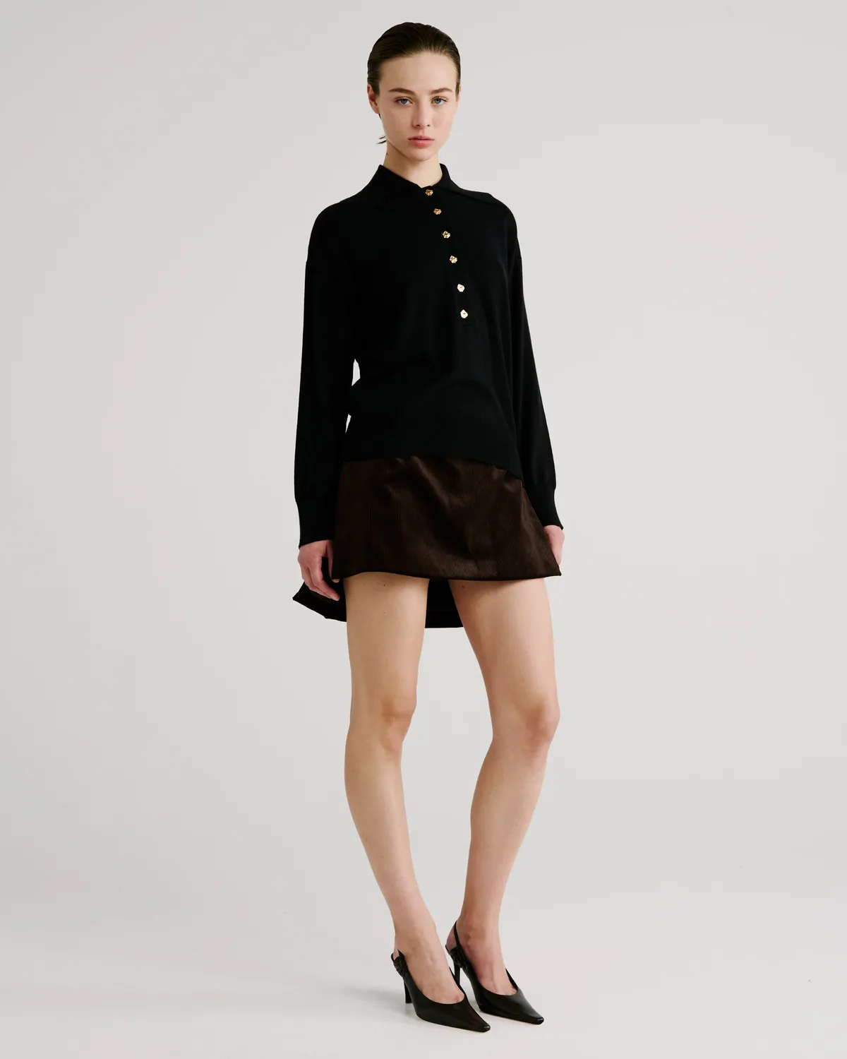 Violante Nessi Ansel polo nero cashmere cotone bottoni