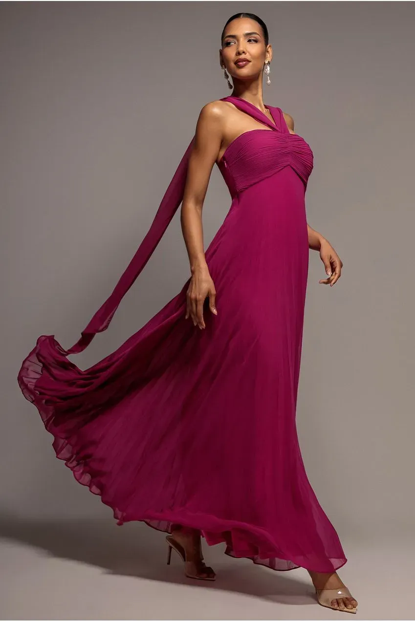Goddiva Scarf Maxi abito magenta chiffon pieghettato