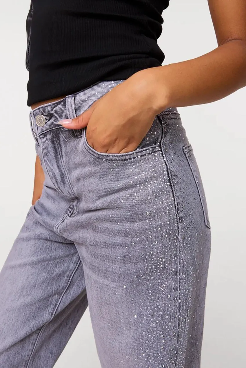 Pink Vanilla Diamante Side jeans grigi wide leg strass
