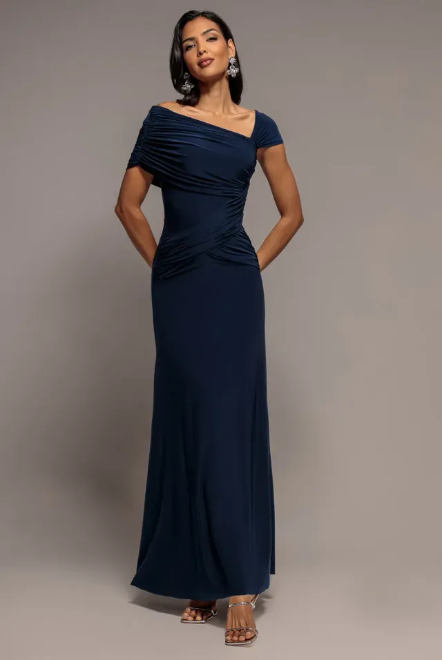 Goddiva Asymmetric Neck Gathered Waist abito lungo blu navy