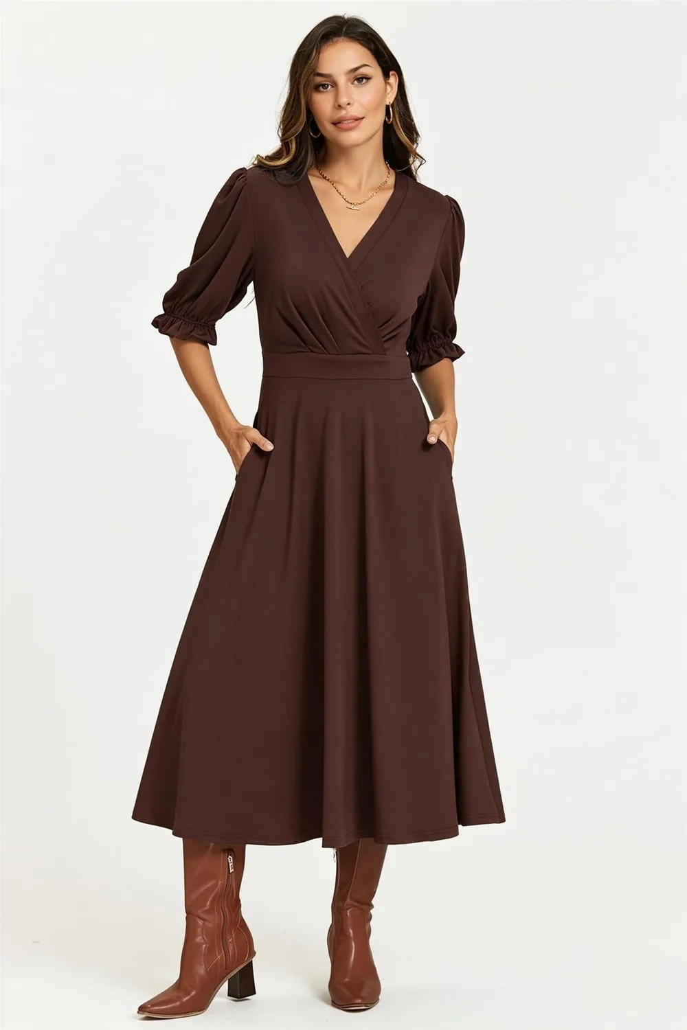 Goddiva FS Collection Abito Midi Jersey Cioccolato elasticizzato