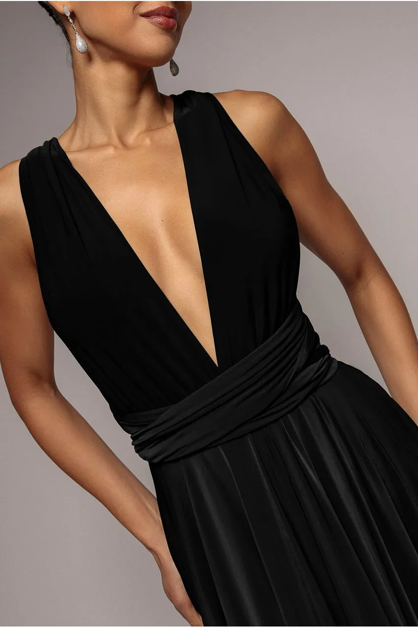 Goddiva abito midi nero schiena scoperta scollo multivia 8