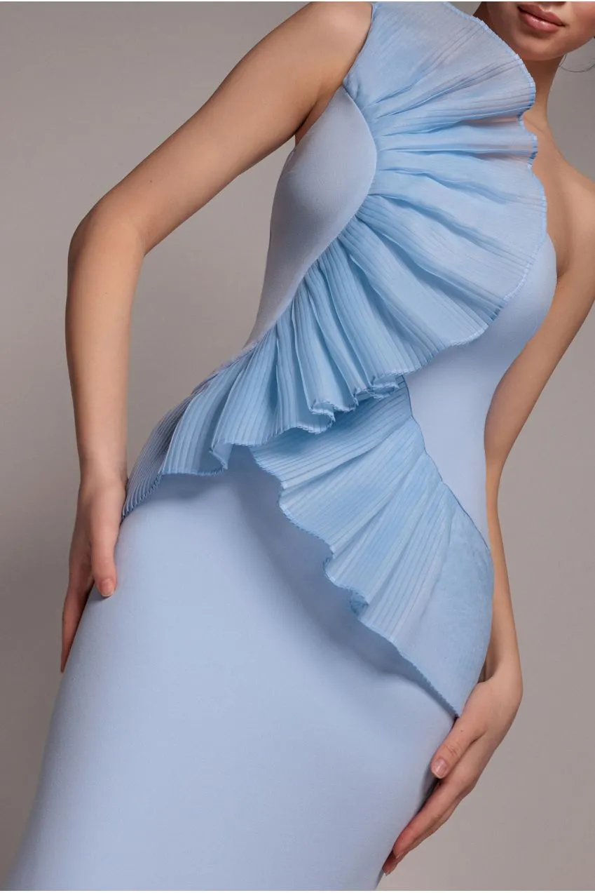 Goddiva DR4872 abito maxi monospalla azzurro plisse