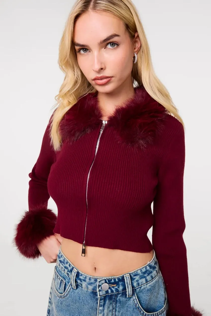 Pink Vanilla Fur Trim Zip cardigan bordeaux con pelliccia