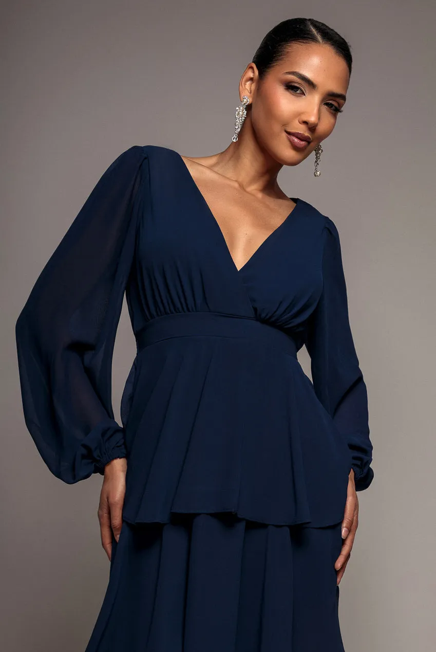 Goddiva Tiered Chiffon Wrap abito midi blu navy