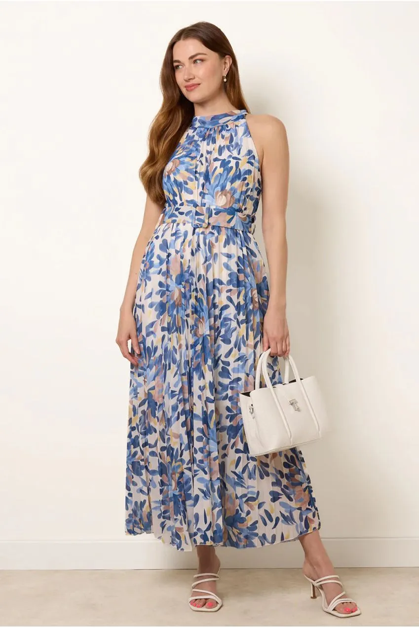 Goddiva Blue Vanilla abito midi plissettato blu navy fantasia