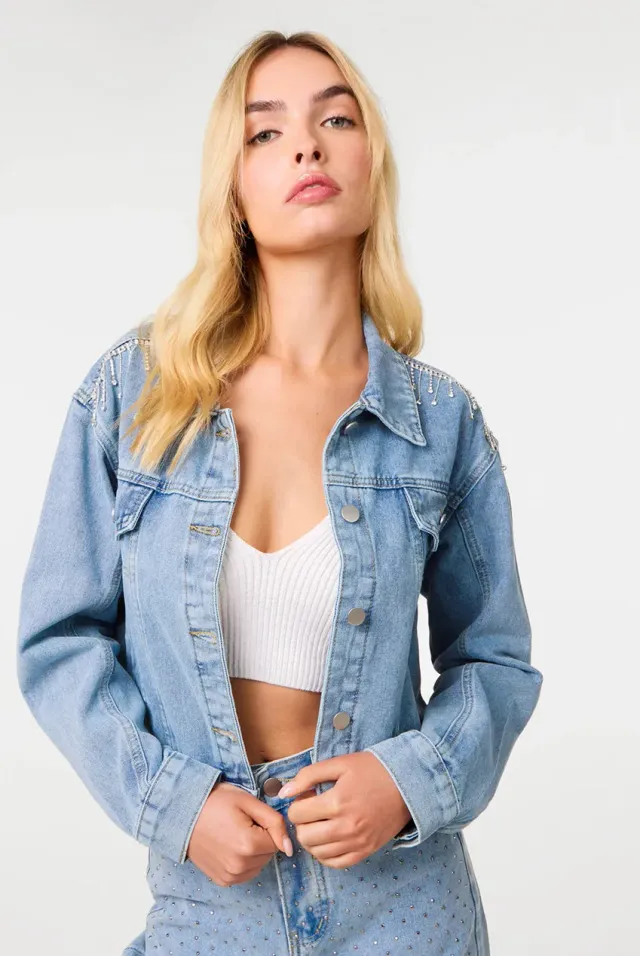 Pink Vanilla giacca jeans denim blu nappine spalle