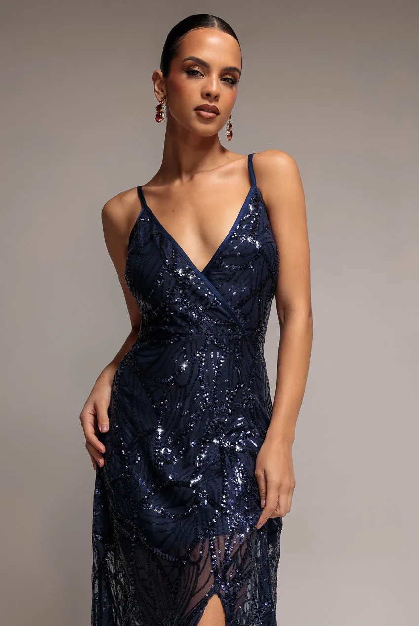 Goddiva Ornamental abito blu paillettes maxi spacco
