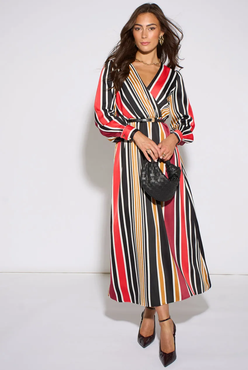 Gini London Satin Wrap abito midaxi righe multi manica lunga