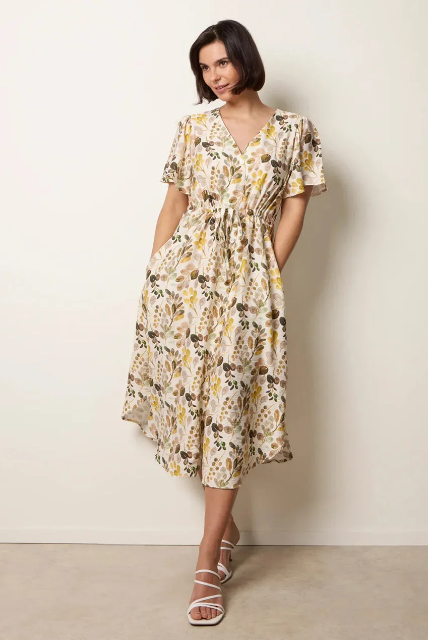 Blue Vanilla Leaf Print abito camicia midi giallo stampa foglie