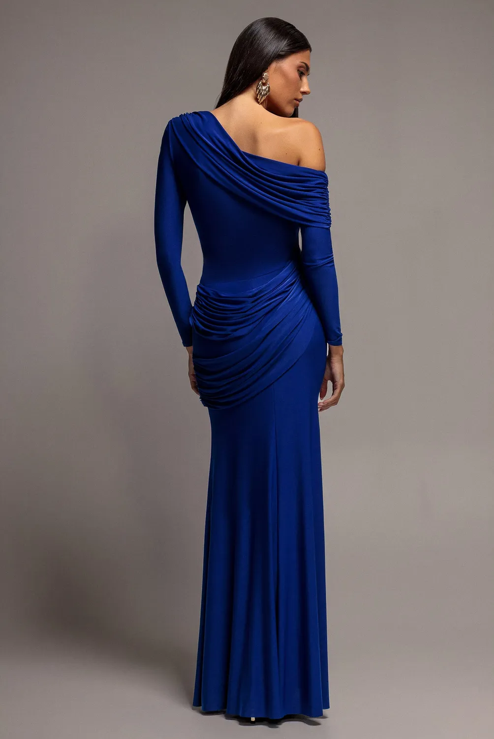 Goddiva Off Shoulder Soft Touch abito lungo blu royal sirena