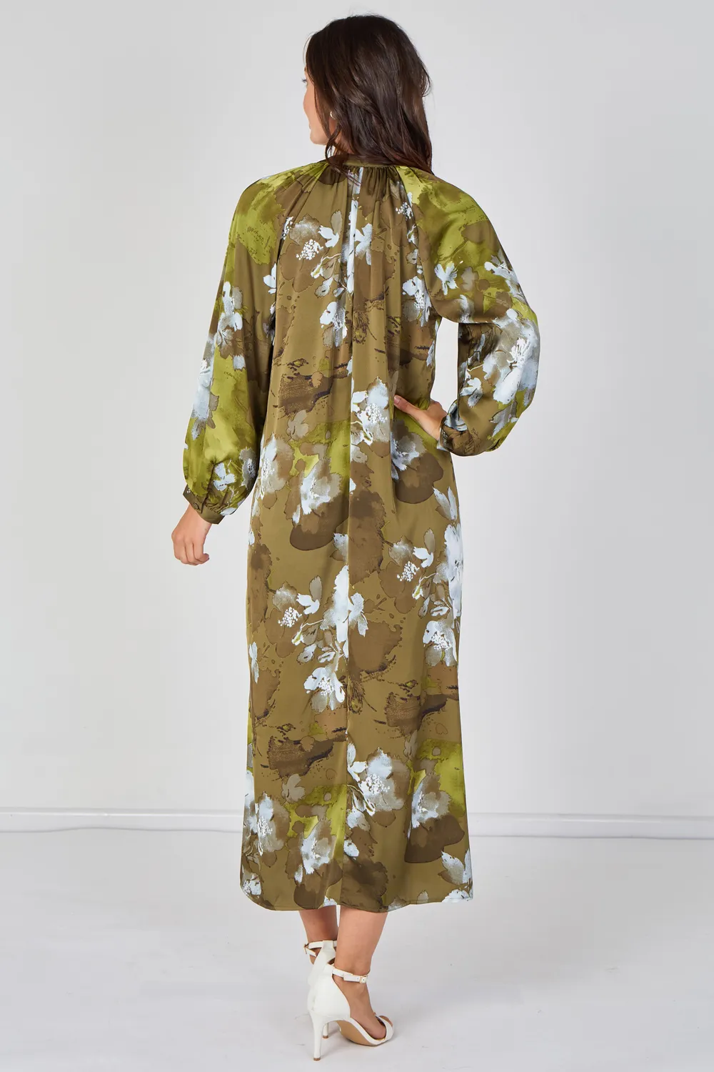 Love Sunshine Watercolour Floral abito maxi khaki manica lunga
