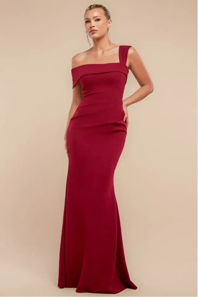 Goddiva Abito Maxi Vino Spalle Scoperte Plissettato