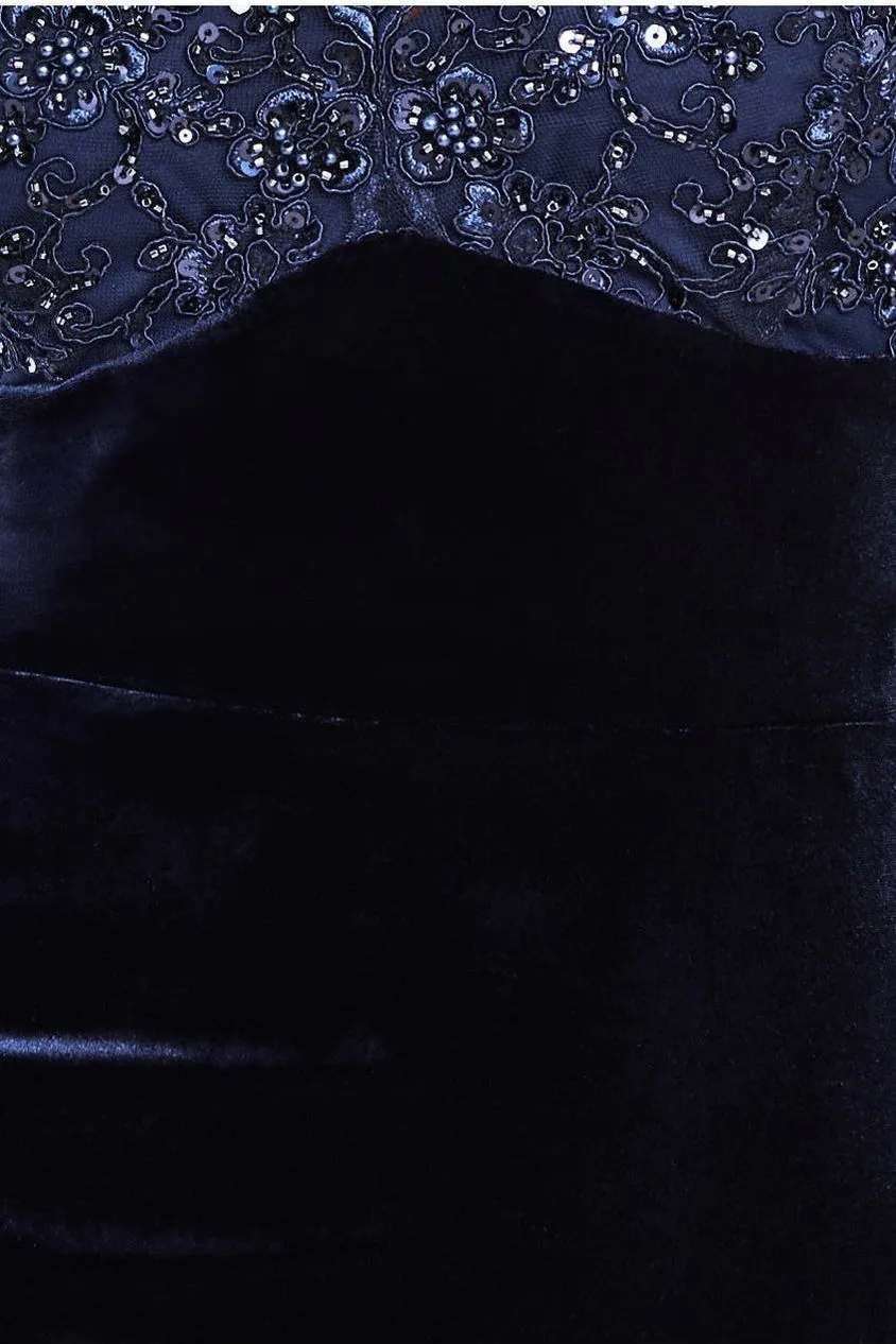 Goddiva Scalloped Lace Velvet abito midi blu scollo V