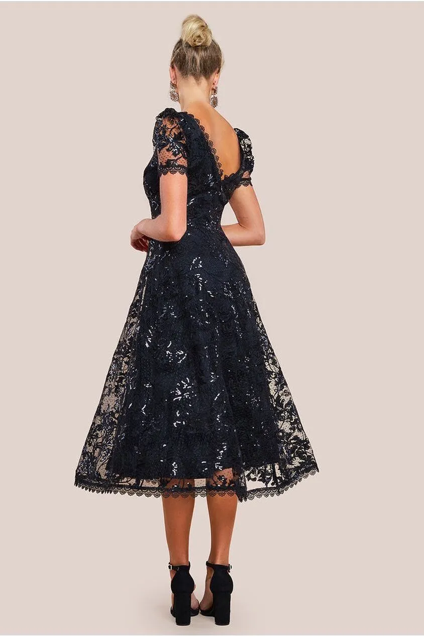 Goddiva Sequin Lace abito midi pizzo nero svasato